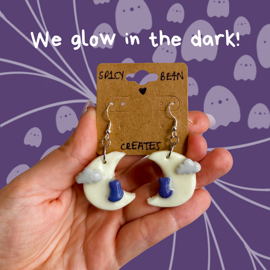 Glow in the Dark Moon and Cat Earrings